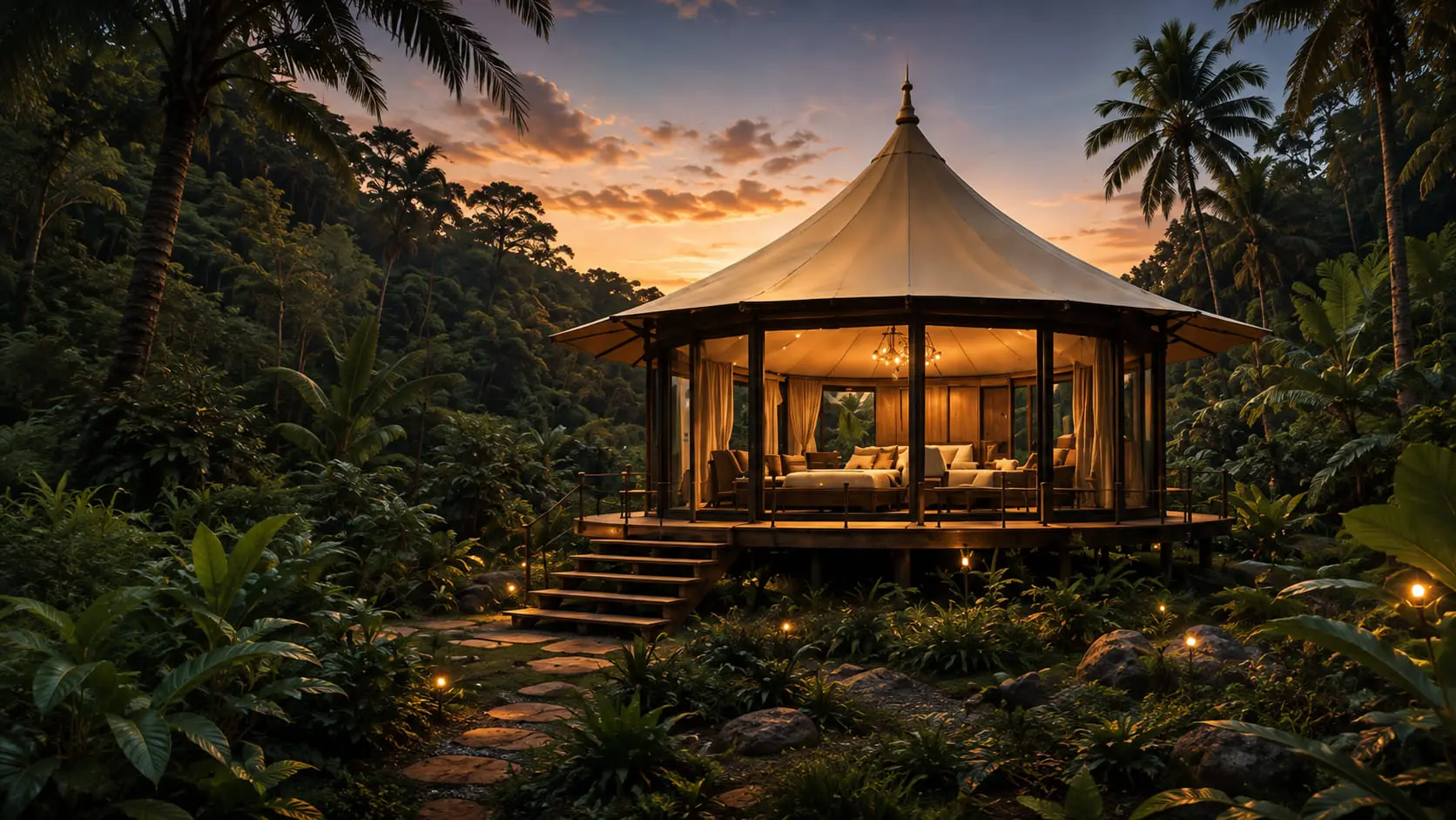 The hexagonal suite among palms at dusk, lit from within, with dense jungle planting around its timber deck