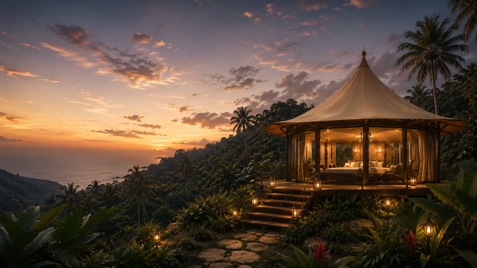 The hexagonal suite on a coastal ridge at dusk, lit from within, with the sea and distant headland beyond