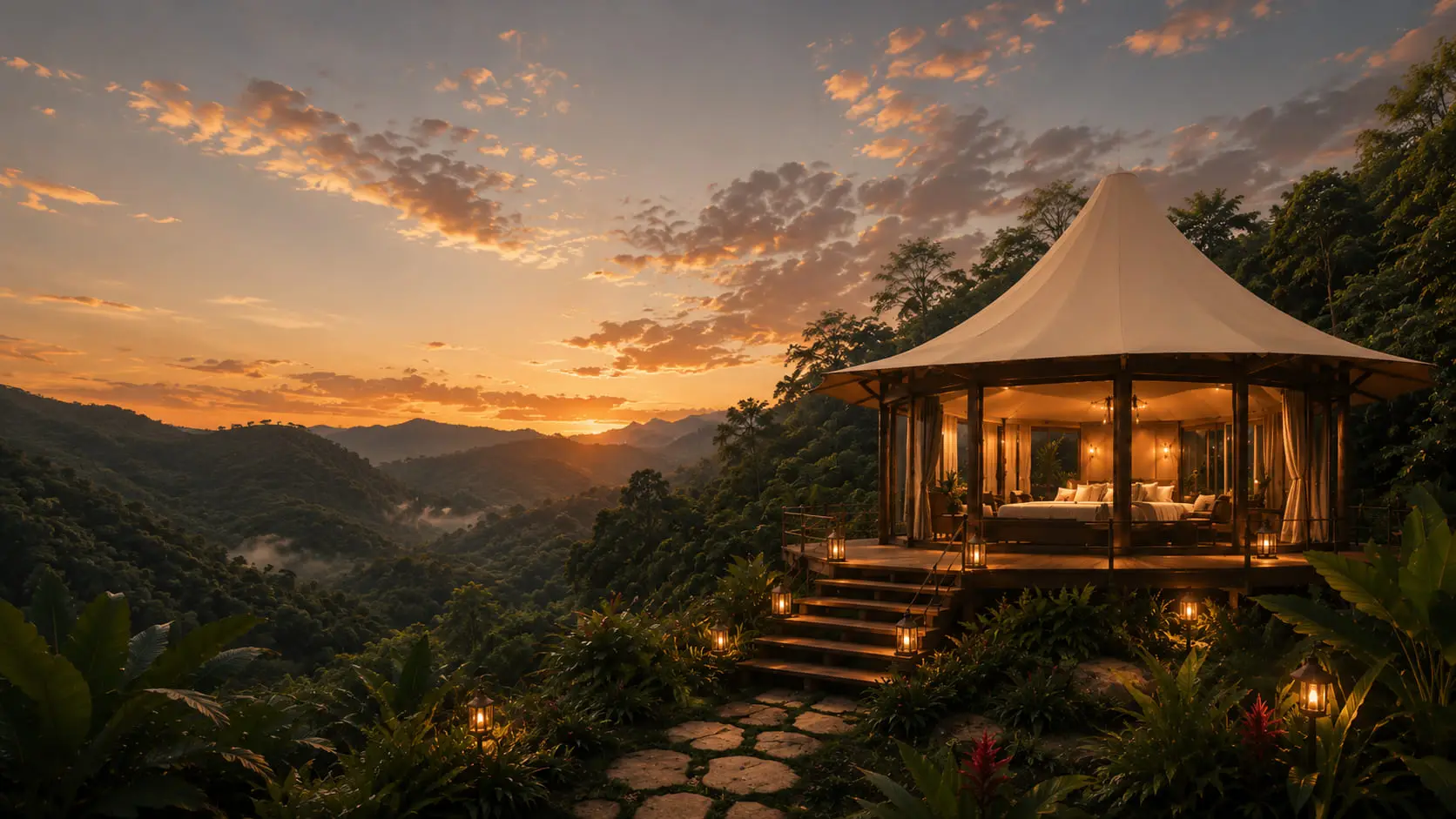The hexagonal suite on a ridge above a forested valley at sunset, with a stone path leading to its deck