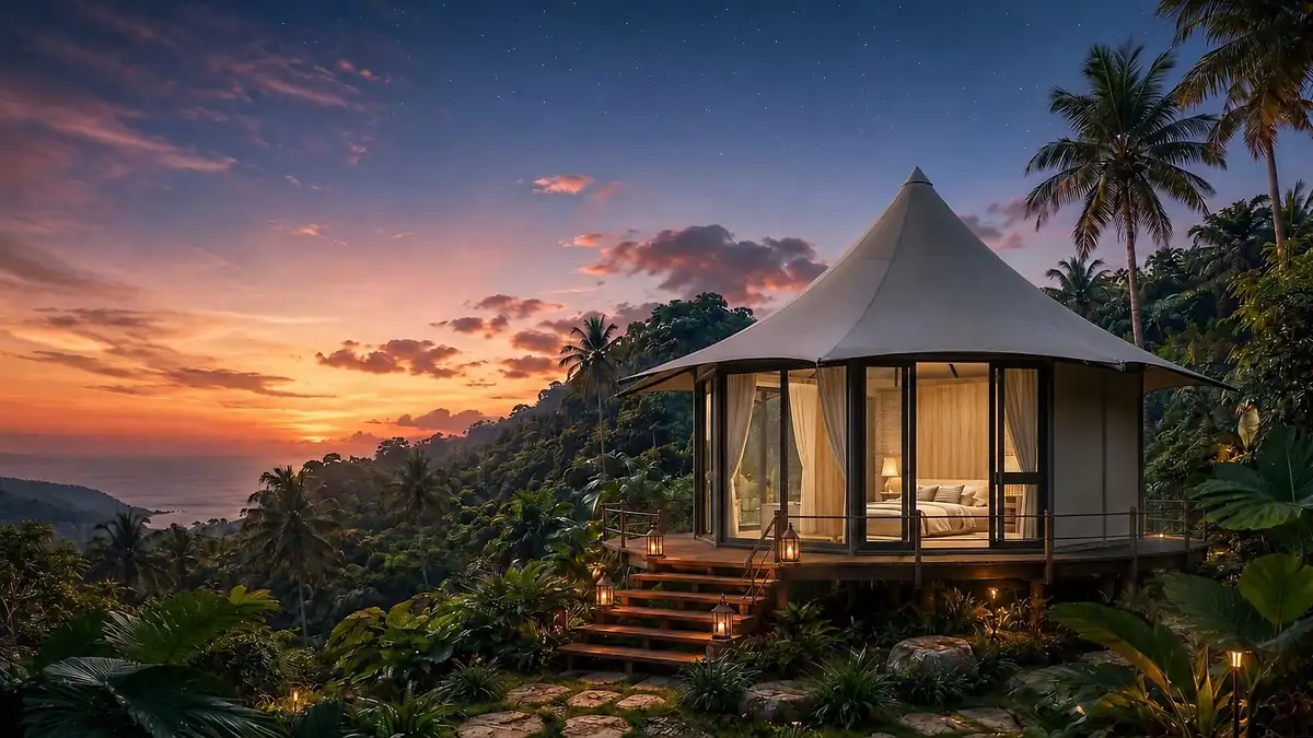 A hexagonal tensile suite on a jungle ridge at nightfall, lit from within, with dense canopy around it and the sea and first stars beyond